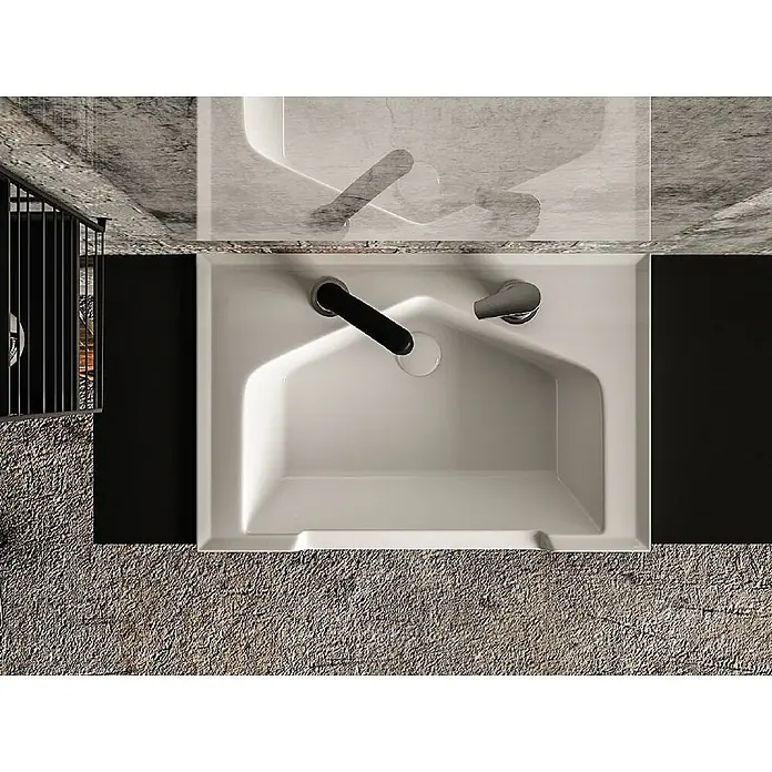 Kreabad Waschbecken -  - Modernes weißes Waschbecken mit schwarzem Wasserhahn und silbernem Griff, in eine schwarze Arbeitsplatte integriert.