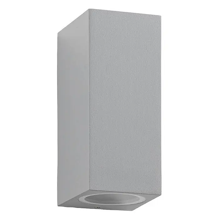 Lucande Außenwandleuchte Xava - 8 x 7 x 16,5 cm, alu / grau / zink, IP65 - Strukturierte, hellgraue rechteckige Wandleuchte mit kreisförmiger, nach unten gerichteter Lichtöffnung.