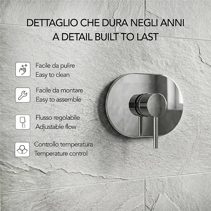 KV Verchromtes Badarmaturen-Set – Waschtisch, Bidet und Unterputz-Duscharmatur | Fassa -  - Eleganter Duschmischer aus poliertem Chrom mit Einzelhebel, an einer Fliesenwand, für Temperatur- und Durchflussregelung.