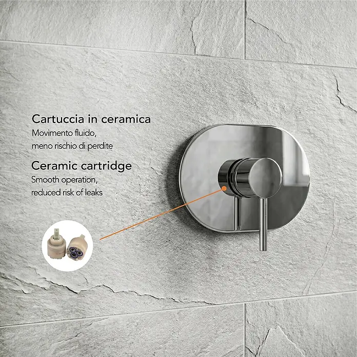 KV Verchromtes Badarmaturen-Set – Waschtisch, Bidet und Unterputz-Duscharmatur | Fassa -  - Chrom-Duschmischer mit separater Ansicht der beigen Keramikkartusche, betont reibungslosen Betrieb und Leckschutz.