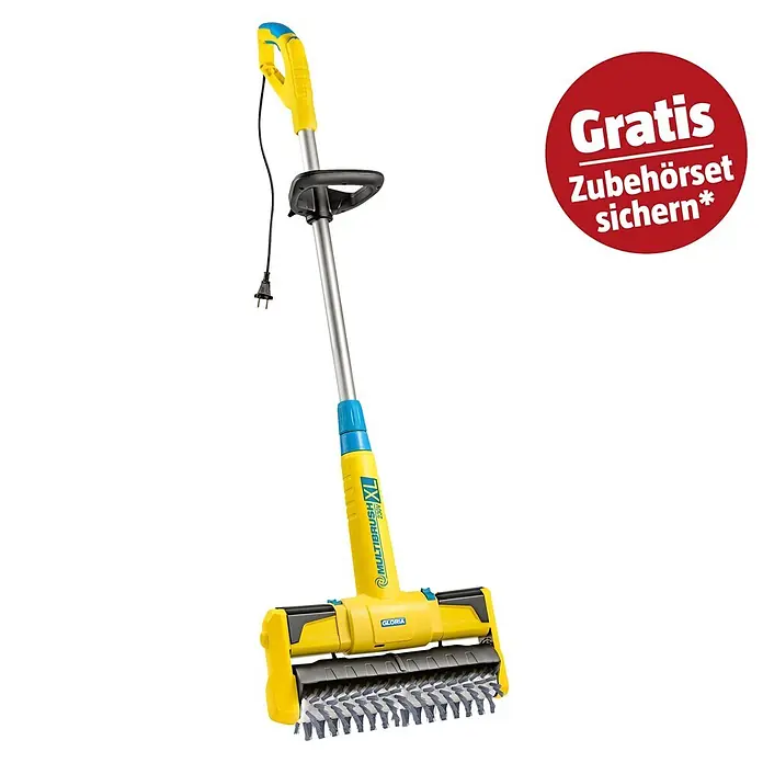 Gloria Bodenreinigungsbürste Multibrush XL - 500 W, Arbeitsbreite: 32 cm, Höhenverstellung: 115 cm - 135 cm - Gelb-blaue elektrische Multibürste zur Flächenreinigung mit ergonomischem Griff, Netzkabel und rotem Aktionskreis 'Gratis Zubehörset sichern*'.