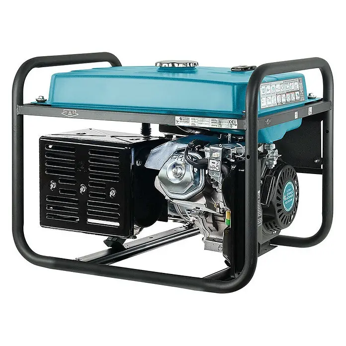 Könner & Söhnen Stromerzeuger KS 7000E-3 ATS - Nennleistung: 5 kW, Tankvolumen: 25 l - Tragbarer Stromerzeuger mit türkisfarbenem Tank und schwarzem Schutzrahmen, Motorbauteile sichtbar.