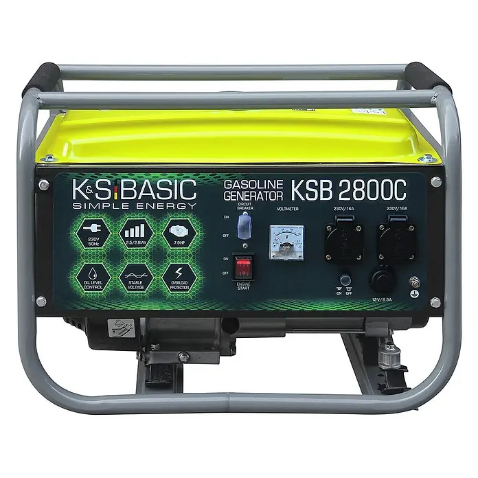 Könner & Söhnen Stromerzeuger KSB 2800C - Nennleistung: 2,5 kW, Tankvolumen: 12 l - Gelber und grauer Benzingenerator mit detailliertem Bedienfeld, das Spannung, Leistung und zwei 230V/16A-Steckdosen anzeigt.