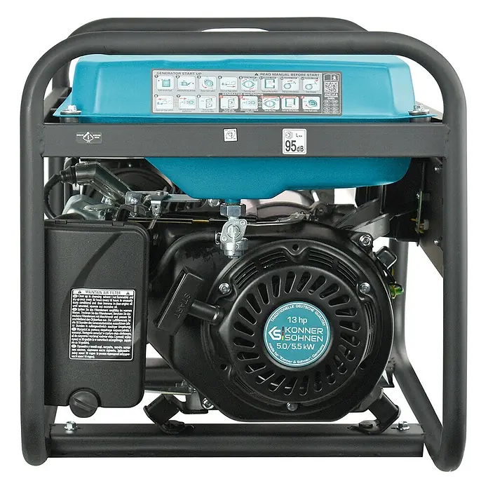 Könner & Söhnen Stromerzeuger KS 7000E-3 ATS - Nennleistung: 5 kW, Tankvolumen: 25 l - Schwarzer und blauer tragbarer Stromerzeuger mit detaillierten Bedienungsanleitungen und Spezifikationen (13 PS, 5,0/5,5 kW).