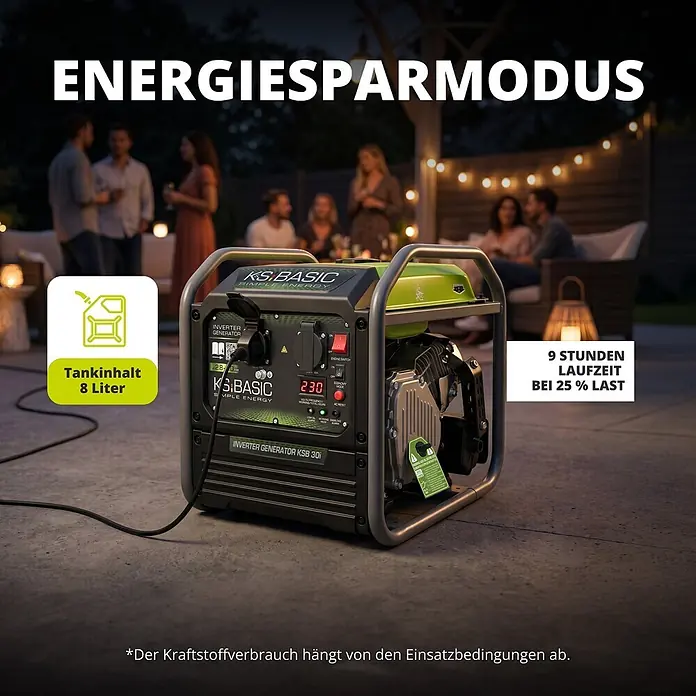 Könner & Söhnen Stromerzeuger KSB 30i - Nennleistung: 2,8 kW, Tankvolumen: 8 l - Schwarz-grüner Inverter-Generator mit Bedienfeld, im Energiesparmodus auf einer Gartenparty im Einsatz.