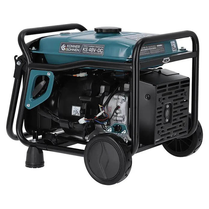 Könner & Söhnen Stromerzeuger KS 48V-DC - Nennleistung: 3,3 kW, Tankvolumen: 12,5 l - Ein teal-farbener und schwarzer tragbarer Gleichstromgenerator mit stabilem Rahmen, Rädern und Griff.
