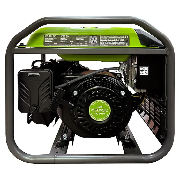 Könner & Söhnen Stromerzeuger KSB 30i - Nennleistung: 2,8 kW, Tankvolumen: 8 l - Ein grüner und schwarzer tragbarer Inverter-Generator mit grauem Metallrahmen, zeigt Motordetails und ein Bedienfeld.