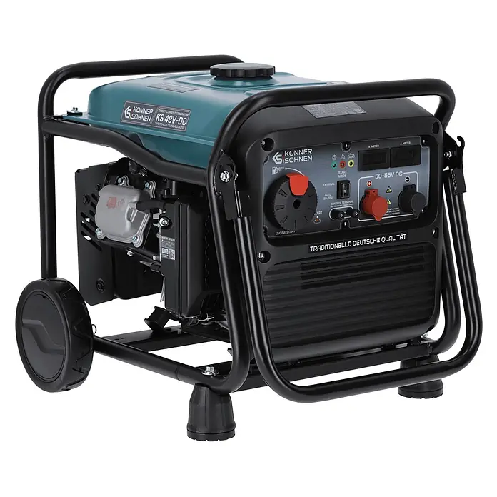 Könner & Söhnen Stromerzeuger KS 48V-DC - Nennleistung: 3,3 kW, Tankvolumen: 12,5 l - Konner & Sohnen KS 48V-DC Gleichstromgenerator mit schwarzem Rahmen, blauem Tank, Bedienfeld und Rädern.