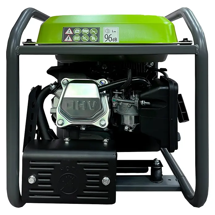 Könner & Söhnen Stromerzeuger KSB 30i - Nennleistung: 2,8 kW, Tankvolumen: 8 l - Tragbarer Generator mit grünem Oberteil, grauem Schutzrahmen und schwarzen Motorkomponenten. Enthält eine sichtbare 96 dB Lärmpegelwarnung.