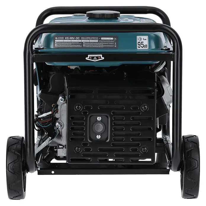 Könner & Söhnen Stromerzeuger KS 48V-DC - Nennleistung: 3,3 kW, Tankvolumen: 12,5 l - Türkiser und schwarzer Gleichstromgenerator mit stabilem schwarzem Rahmen und Rädern.