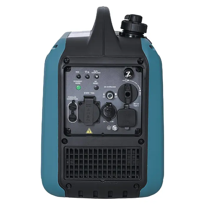 Könner & Söhnen Stromerzeuger KS 1900i S - Nennleistung: 1,9 kW, Tankvolumen: 4 l - Türkis-schwarzer tragbarer Inverter-Generator mit Bedienfeld, AC/DC-Anschlüssen, USB und Anzeigen.
