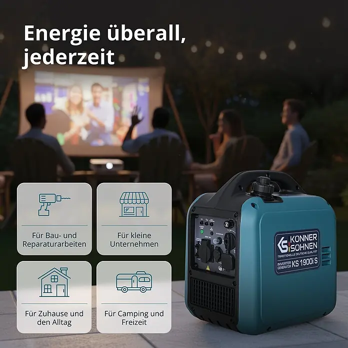 Könner & Söhnen Stromerzeuger KS 1900i S - Nennleistung: 1,9 kW, Tankvolumen: 4 l - Ein türkisfarbener Könner & Söhnen KS 1900i S Inverter-Generator versorgt einen Outdoor-Filmabend, vielseitig für Zuhause, Camping und Arbeit.