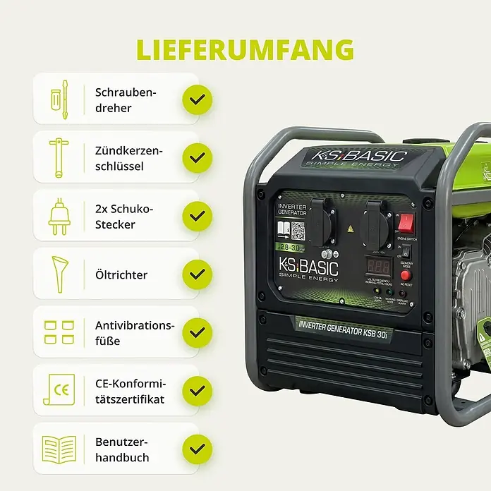 Könner & Söhnen Stromerzeuger KSB 30i - Nennleistung: 2,8 kW, Tankvolumen: 8 l - Grüner und schwarzer Inverter-Generator (KSB 30i) mit Bedienfeld und Zubehör wie Schraubendreher, Steckern und Handbuch.