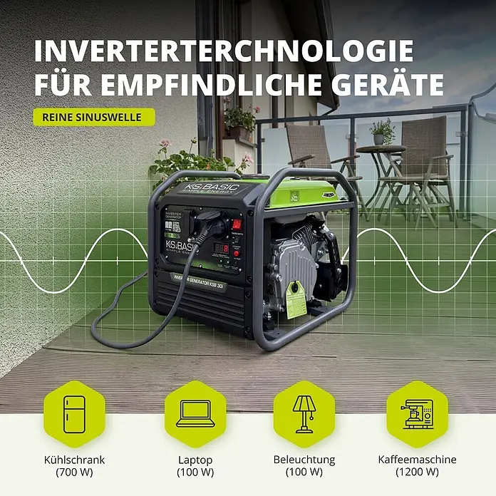 Könner & Söhnen Stromerzeuger KSB 30i - Nennleistung: 2,8 kW, Tankvolumen: 8 l - Schwarz-grüner Inverter-Generator auf einem Balkon, der empfindliche Geräte mit reiner Sinuswelle versorgt.