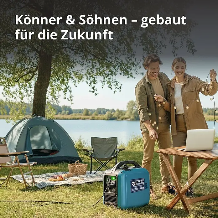 Könner & Söhnen Stromerzeuger KS 1900i S - Nennleistung: 1,9 kW, Tankvolumen: 4 l - Türkiser portabler Inverter-Generator versorgt Lichterkette und Laptop beim Camping.