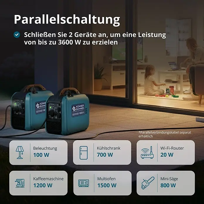 Könner & Söhnen Stromerzeuger KS 1900i S - Nennleistung: 1,9 kW, Tankvolumen: 4 l - Zwei türkise Konner & Sohnen Generatoren parallel geschaltet, liefern bis zu 3600W für diverse Haushaltsgeräte im Freien.