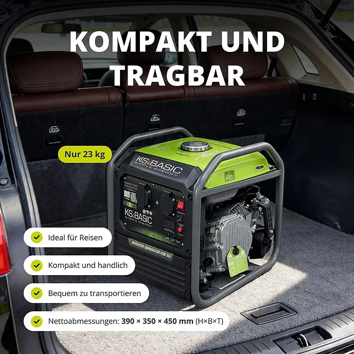 Könner & Söhnen Stromerzeuger KSB 30i - Nennleistung: 2,8 kW, Tankvolumen: 8 l - Grüner und schwarzer Inverter-Generator im Kofferraum eines Autos, betont Kompaktheit und Reisefähigkeit.