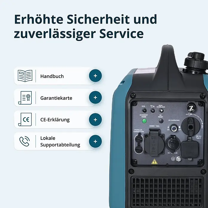 Könner & Söhnen Stromerzeuger KS 1900i S - Nennleistung: 1,9 kW, Tankvolumen: 4 l - Türkis-schwarzer Inverter-Stromerzeuger mit Bedienfeld, zeigt Steckdosen, Steuerungen und Serviceinformationen.