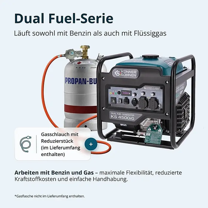 Könner & Söhnen Stromerzeuger KS 4500iG - Nennleistung: 4,2 kW, Tankvolumen: 13 l - Schwarz-türkisfarbener Dual-Fuel-Generator KS 4500iG, über orangefarbenen Schlauch mit silberner Propangasflasche verbunden.