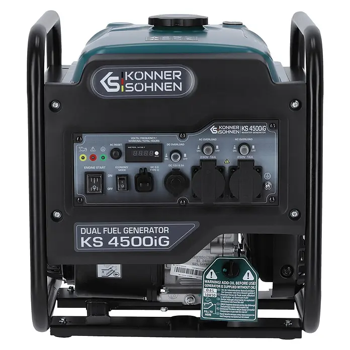 Könner & Söhnen Stromerzeuger KS 4500iG - Nennleistung: 4,2 kW, Tankvolumen: 13 l - Könner & Söhnen KS 4500iG Dual-Fuel-Inverter-Generator. Schwarz und Petrol mit detailliertem Bedienfeld für Ausgänge.