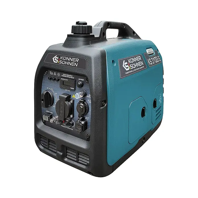 Könner & Söhnen Stromerzeuger KS 3100i S - Nennleistung: 2,8 kW, Tankvolumen: 4 l - Kompakter schwarz-türkiser Inverter-Generator mit Bedienfeld, mehreren Steckdosen und Tragegriff.