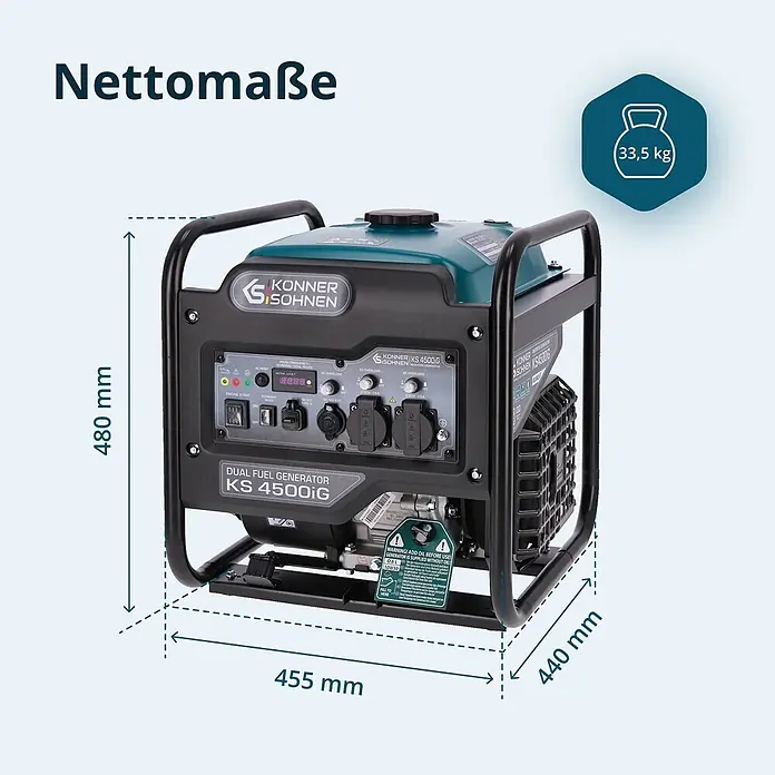 Könner & Söhnen Stromerzeuger KS 4500iG - Nennleistung: 4,2 kW, Tankvolumen: 13 l - Konner & Söhnen KS 4500iG Dual-Fuel-Generator, 33,5 kg. Maße: 480x455x440 mm.