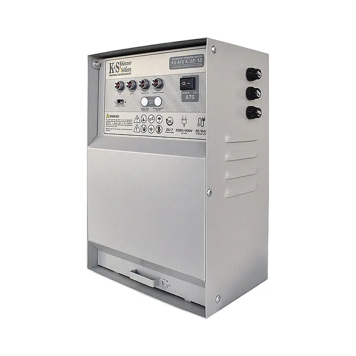 Könner & Söhnen Stromerzeuger KS 12-1E ATSR - Nennleistung: 9 kW, Tankvolumen: 55 l - Grauer automatischer Umschalter (ATS) aus Metall mit Bedienfeld und Sicherungshaltern.