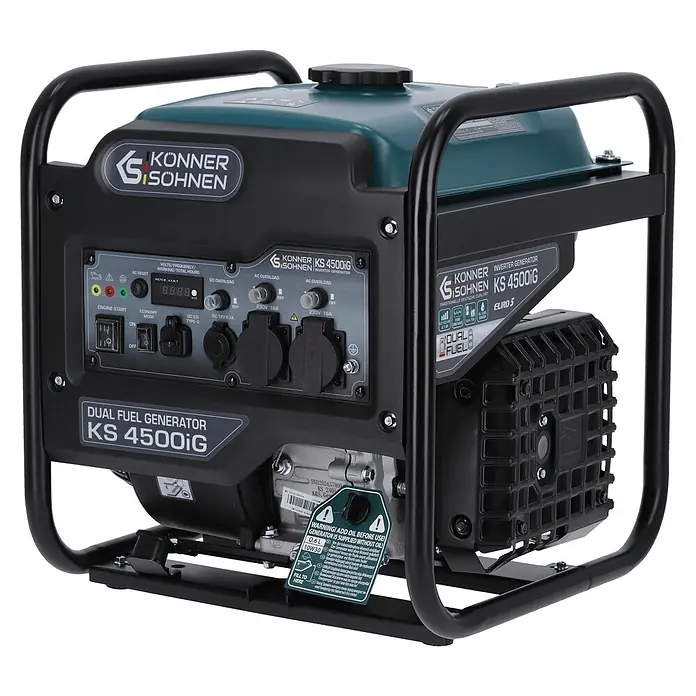 Könner & Söhnen Stromerzeuger KS 4500iG - Nennleistung: 4,2 kW, Tankvolumen: 13 l - Konner & Sohnen KS 4500iG Dual-Fuel-Inverter-Generator mit schwarzem Rahmen, türkisfarbener Oberseite und Bedienfeld.