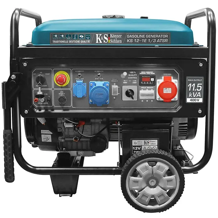 Könner & Söhnen Stromerzeuger KS 12-1E 1/3 ATSR - Tankvolumen: 55 l - Ein schwarz-blauer Könner & Söhnen Benzingenerator, Modell KS 12-1E 1/3 ATSR, mit Rädern, Bedienfeld und max. 11,5 kVA Leistung.