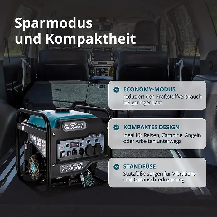 Könner & Söhnen Stromerzeuger KS 4500iG - Nennleistung: 4,2 kW, Tankvolumen: 13 l - Schwarzer und türkiser Könner & Söhnen KS 4500iG Dual-Fuel-Generator im Kofferraum, unterstreicht seine Portabilität und Kompaktheit.
