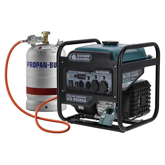 Könner & Söhnen Stromerzeuger KS 4500iG - Nennleistung: 4,2 kW, Tankvolumen: 13 l - Konner & Sohnen KS 4500iG Dual-Fuel Inverter-Generator, türkis-schwarz, über einen orangefarbenen Schlauch mit einer silbernen Propangasflasche verbunden.