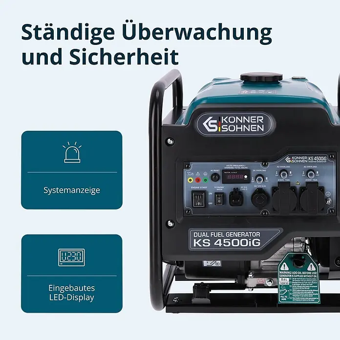 Könner & Söhnen Stromerzeuger KS 4500iG - Nennleistung: 4,2 kW, Tankvolumen: 13 l - Ein petrolfarbener und schwarzer Könner & Söhnen KS 4500iG Dual-Fuel Inverter-Generator mit Bedienfeld und Display.