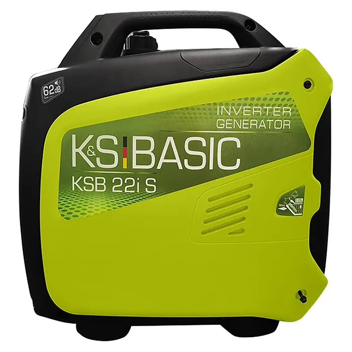 Könner & Söhnen Stromerzeuger KSB 22i S - Nennleistung: 1,8 kW, Tankvolumen: 4 l - Ein schwarz-limettengrüner K&S BASIC KSB 22i S Inverter-Generator mit Tragegriff.