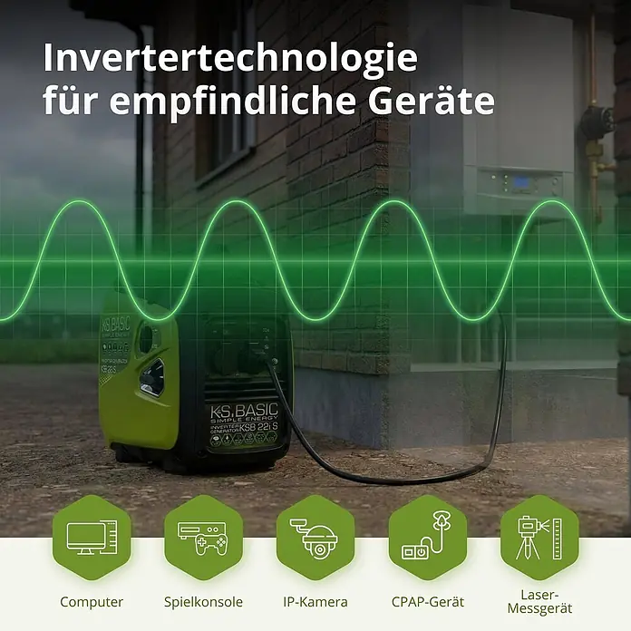 Könner & Söhnen Stromerzeuger KSB 22i S - Nennleistung: 1,8 kW, Tankvolumen: 4 l - Grün-schwarzer Inverter-Stromerzeuger für empfindliche Elektronik, steht draußen neben einem Haus.