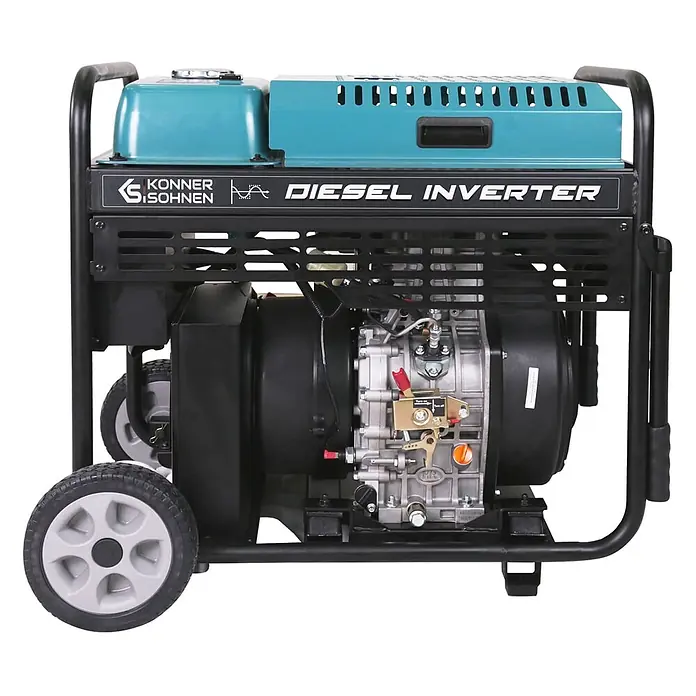Könner & Söhnen Stromerzeuger KS 9500IDE ATSR - Tankvolumen: 18 l - Tragbarer Diesel-Inverter-Generator mit schwarzem Rahmen, türkiser Abdeckung und grauen Rädern.