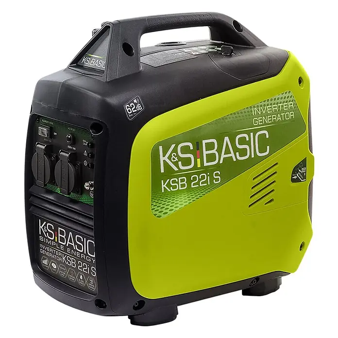 Könner & Söhnen Stromerzeuger KSB 22i S - Nennleistung: 1,8 kW, Tankvolumen: 4 l - K&S Basic KSB 22i S Inverter-Generator in Schwarz und Limettengrün, mit Griff und Steckdosen.