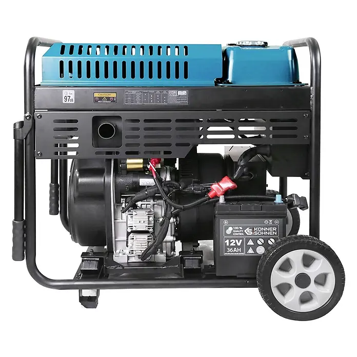 Könner & Söhnen Stromerzeuger KS 9500IDE ATSR - Tankvolumen: 18 l - Tragbarer Stromgenerator mit schwarzem Rahmen, blauem Gehäuse, sichtbaren Motorbauteilen und Batterie. Ausgestattet mit Rädern für Mobilität.
