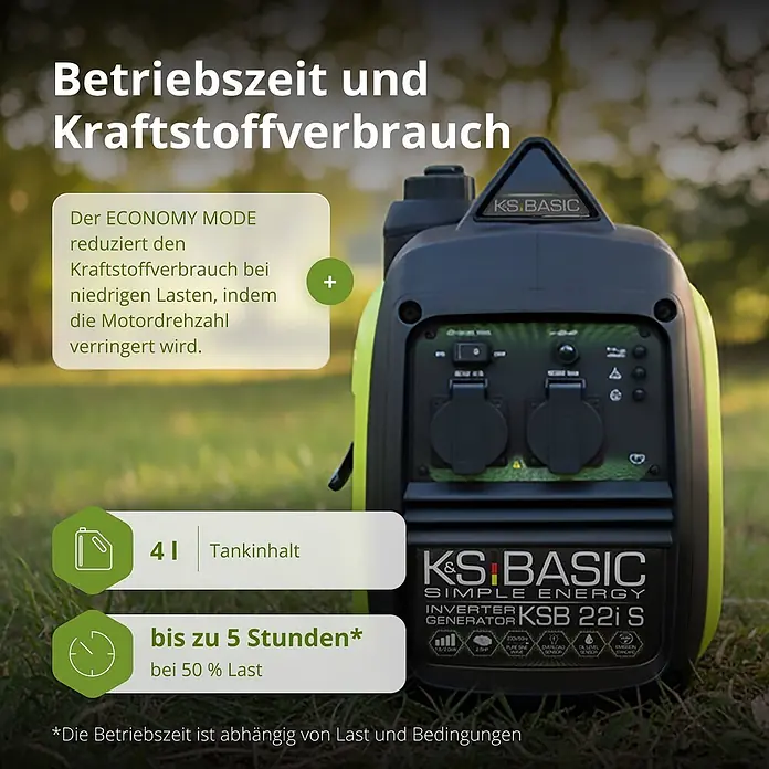 Könner & Söhnen Stromerzeuger KSB 22i S - Nennleistung: 1,8 kW, Tankvolumen: 4 l - Schwarzer und lindgrüner KS BASIC KSB 22i S tragbarer Inverter-Generator, im Freien gezeigt.