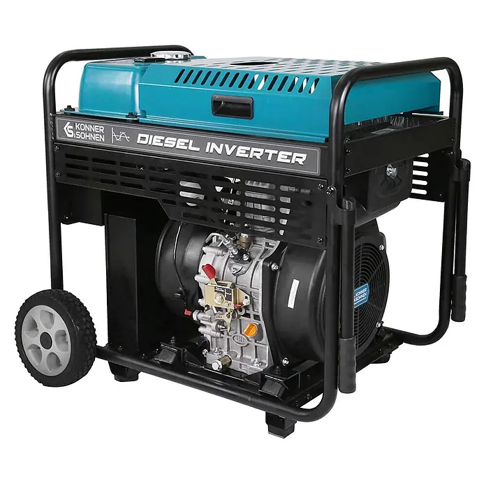 Könner & Söhnen Stromerzeuger KS 9500IDE ATSR - Tankvolumen: 18 l - Schwarz-türkiser Diesel-Inverter-Generator mit robustem Schutzrahmen und Rädern für den Transport.