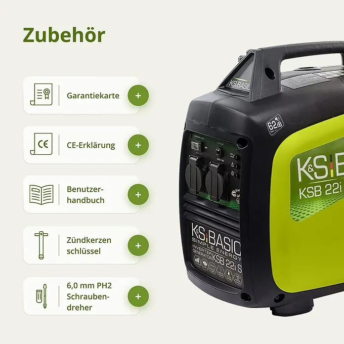 Könner & Söhnen Stromerzeuger KSB 33i S - Nennleistung: 3 kW, Tankvolumen: 4 l - Schwarz-limettengrüner Inverter-Generator mit Zubehör: Garantiekarte, CE-Erklärung, Handbuch, Zündkerzenschlüssel und Schraubendreher.