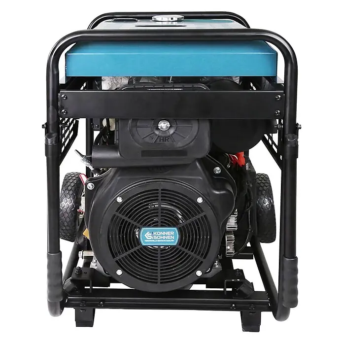 Könner & Söhnen Stromerzeuger KS 9500IDE ATSR - Tankvolumen: 18 l - Vorderansicht eines schwarzen tragbaren Generators mit türkisfarbenem Tank und robustem Rahmen.
