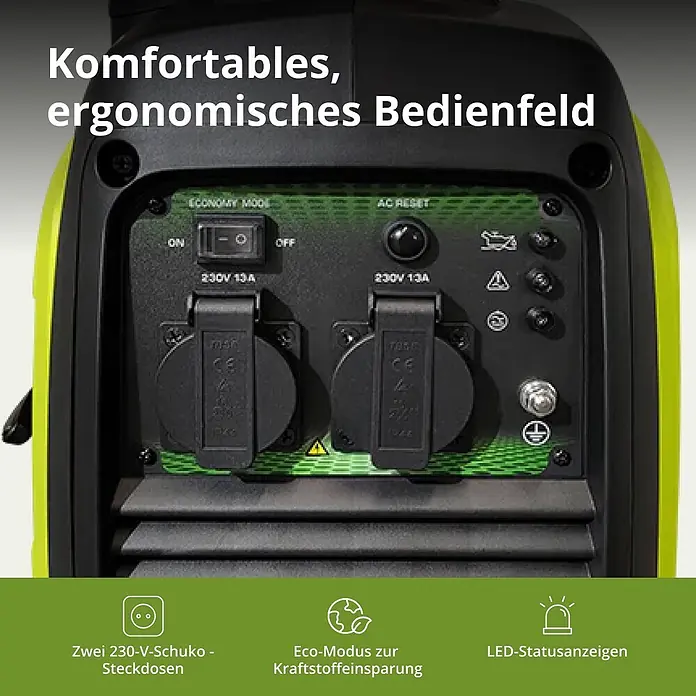 Könner & Söhnen Stromerzeuger KSB 22i S - Nennleistung: 1,8 kW, Tankvolumen: 4 l - Schwarzes Generator-Bedienfeld mit zwei 230-V-Schuko-Steckdosen, Economy-Modus-Schalter und LED-Statusanzeigen.