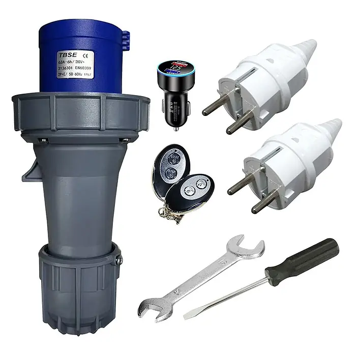 Könner & Söhnen Stromerzeuger KS 9500IDE ATSR - Tankvolumen: 18 l - Blau-grauer Industriestromanschluss-Bausatz mit Eurosteckern, Autoladegerät, Fernbedienungen und Werkzeugen.