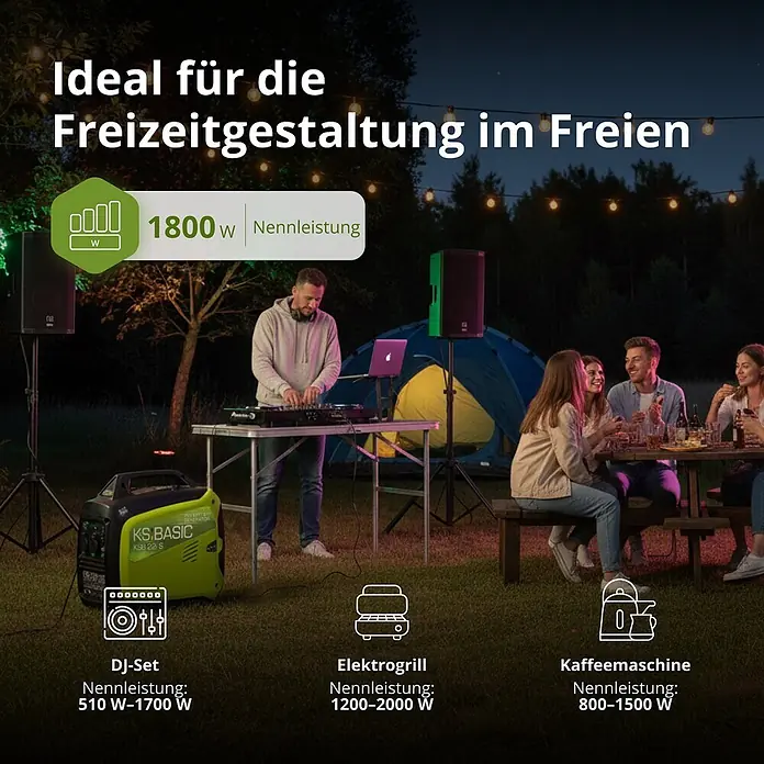 Könner & Söhnen Stromerzeuger KSB 22i S - Nennleistung: 1,8 kW, Tankvolumen: 4 l - Grün-schwarzer tragbarer Inverter-Generator (1800W) für Outdoor-Freizeitaktivitäten wie DJ-Set, Grill und Kaffeemaschine.