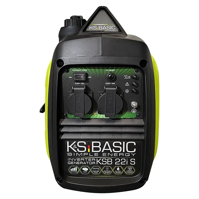 Könner & Söhnen Stromerzeuger KSB 22i S - Nennleistung: 1,8 kW, Tankvolumen: 4 l - Schwarz-limettengrüner KS Basic KSB 22i S Inverter-Generator mit Bedienfeld und Steckdosen.