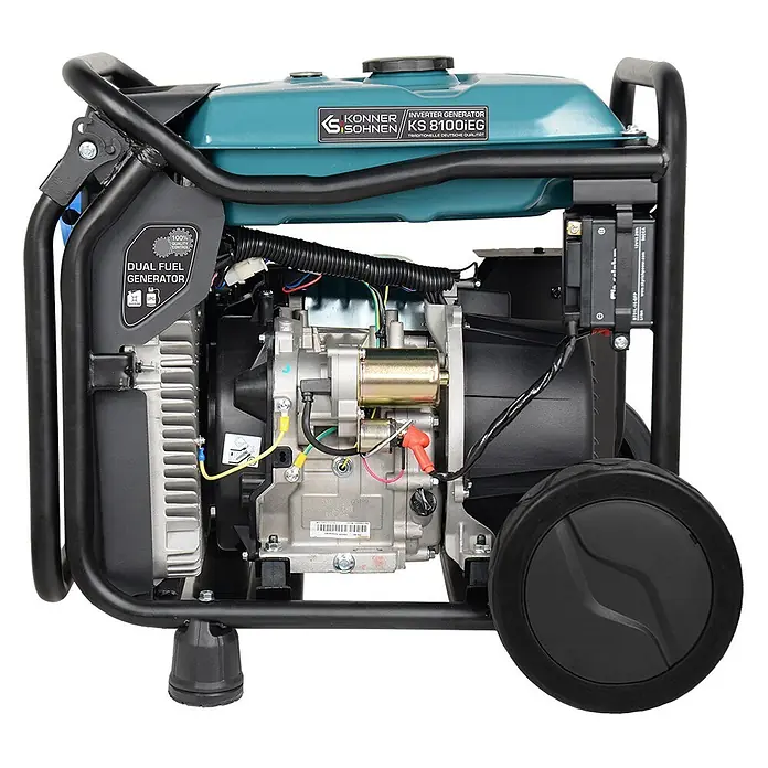 Könner & Söhnen Stromerzeuger KS 8100iEG - Nennleistung: 8 kW, Tankvolumen: 20 l - Schwarz gerahmter Zweibrennstoff-Inverter-Generator mit petrolfarbenem Tank, grauem Motor und schwarzen Rädern für tragbare Stromversorgung.