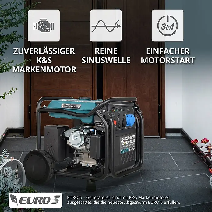 Könner & Söhnen Stromerzeuger KS 8100iEG - Nennleistung: 8 kW, Tankvolumen: 20 l - Ein schwarzer und türkiser tragbarer Generator mit Rädern, Metallrahmen und Bedienfeld auf einer Außenterrasse.