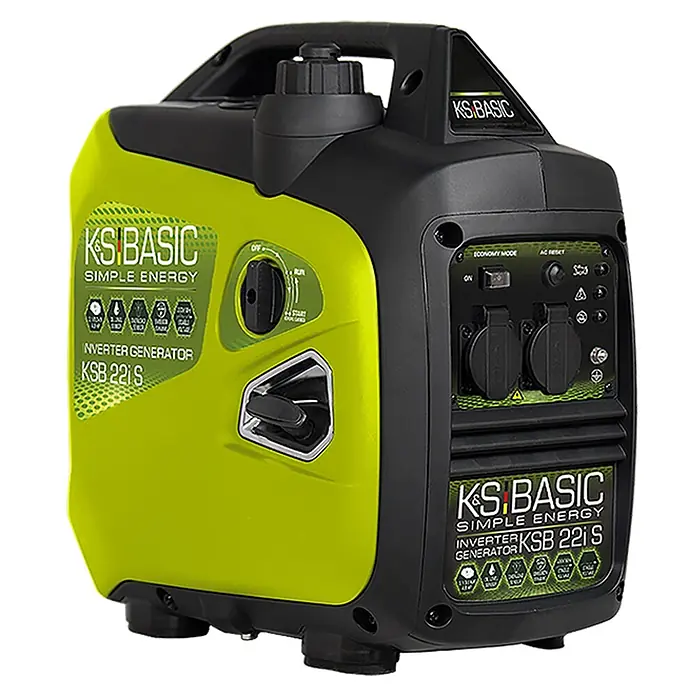 Könner & Söhnen Stromerzeuger KSB 22i S - Nennleistung: 1,8 kW, Tankvolumen: 4 l - Limettengrüner und schwarzer, tragbarer KS Basic KSB 22i S Inverter-Generator mit Bedienfeld und Steckdosen.