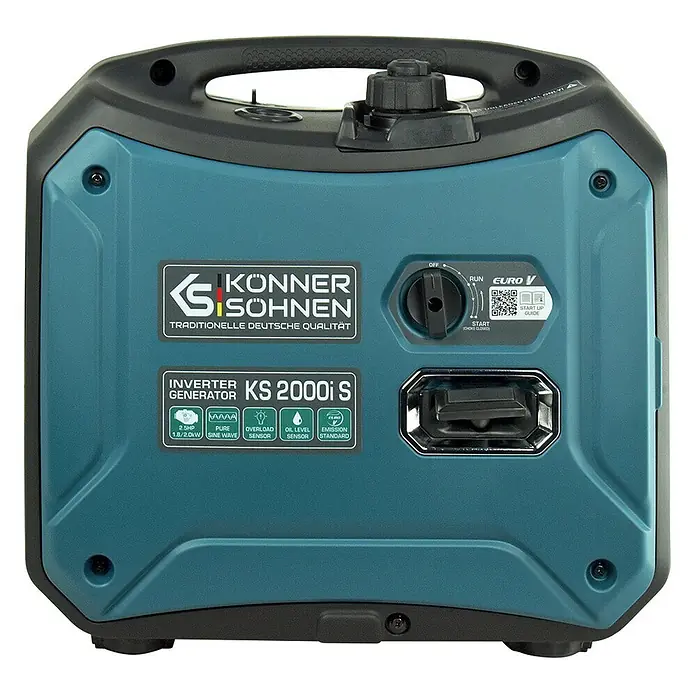 Könner & Söhnen Stromerzeuger KS 2000i S - Nennleistung: 1,8 kW, Tankvolumen: 5 l - Türkis-schwarzer Konner & Sohnen KS 2000i S Inverter-Generator mit Bedienfeld und Steckdose.