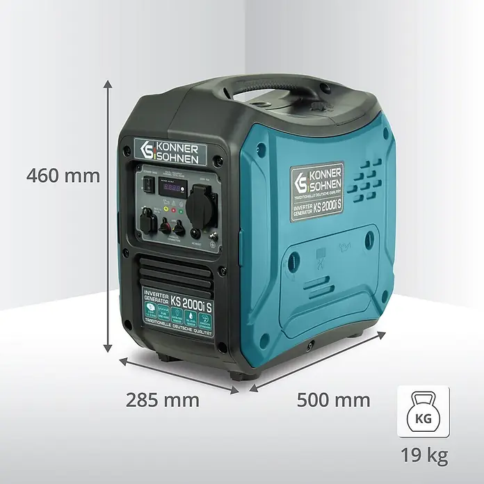 Könner & Söhnen Stromerzeuger KS 2000i S - Nennleistung: 1,8 kW, Tankvolumen: 5 l - Türkiser und schwarzer Könner & Söhnen KS 2000i S Inverter-Generator, 460x285x500 mm, 19 kg.